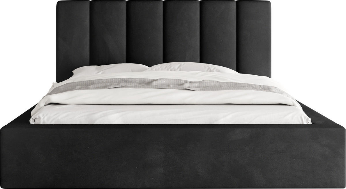 POLSTERBETT Amira mit Bettkasten, Schwarz Samt 140x200 cm - Schwarz Hochglanz/Birkefarben, Holz/Holzwerkstoff (140/200cm) - WFL GROUP