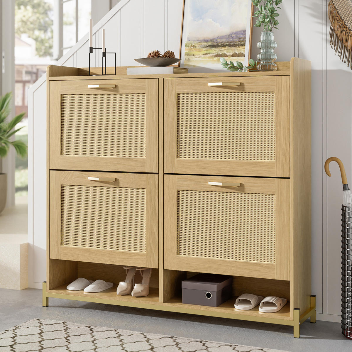 SCHUHKOMMODE in Holzoptik mit 4 Klappen, Schuhschrank für Flur - Naturfarben, Holz (108/100/24cm) - PARAFTA HOME