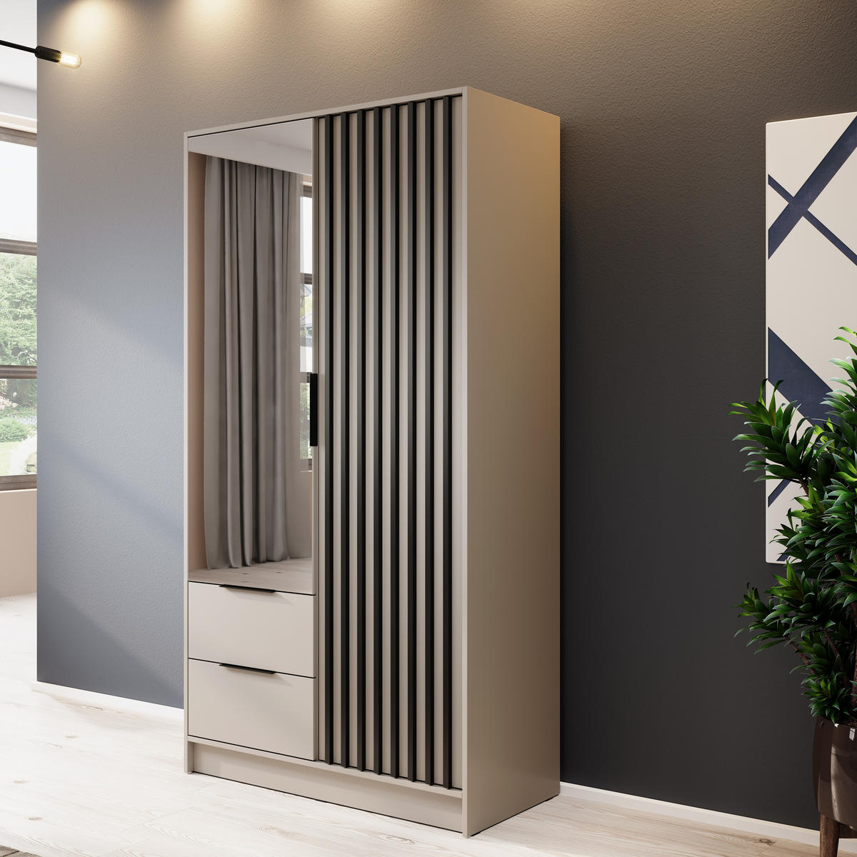 KLEIDERSCHRANK Stilo in Kaschmir, zweitürig, mit Spiegel und Lamellen an der Vorderseite - Kaschmir/Schwarz, Holzwerkstoff/Kunststoff (105/200/51cm) - Ravio