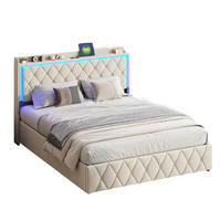 HYDRAULISCHES BETT 140x190 BEIGE LED INTEGRIERTER LADEANSCHLUSS - Beige, Holzwerkstoff (140/200cm) - SHOPENTRA