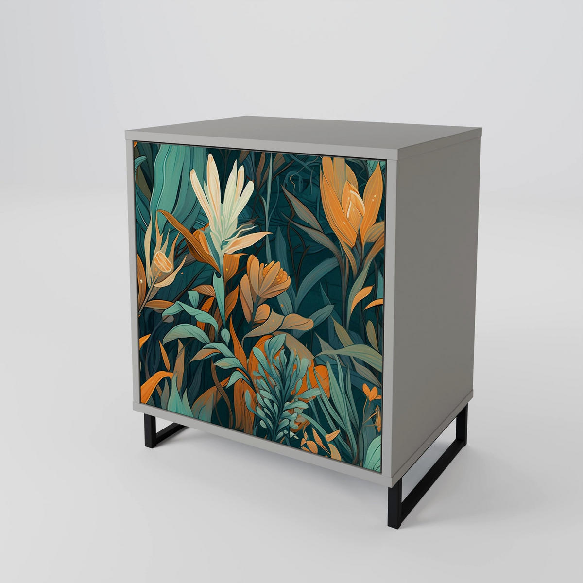 SIDEBOARD FLORAL SERENITY, Grau, 57,5x42x77,5 cm, Schräge Buchenholzfüße - Buchefarben/Multicolor, Holzwerkstoff/Buchenholz (57.5/77.5/42cm) - SpaceRebels