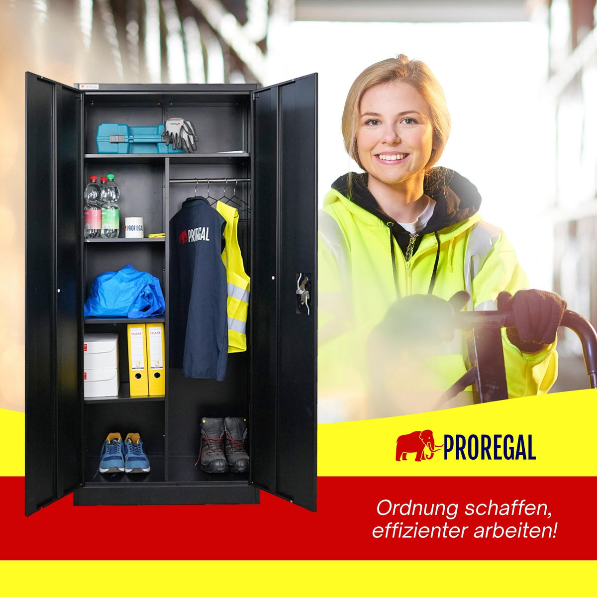 FLÜGELTÜRENSCHRANK Elephant komplett montiert 180x80x40cm 6 Fächern & Kleiderstange Schwarz - Schwarz, Metall (80/180/40cm) - PROREGAL