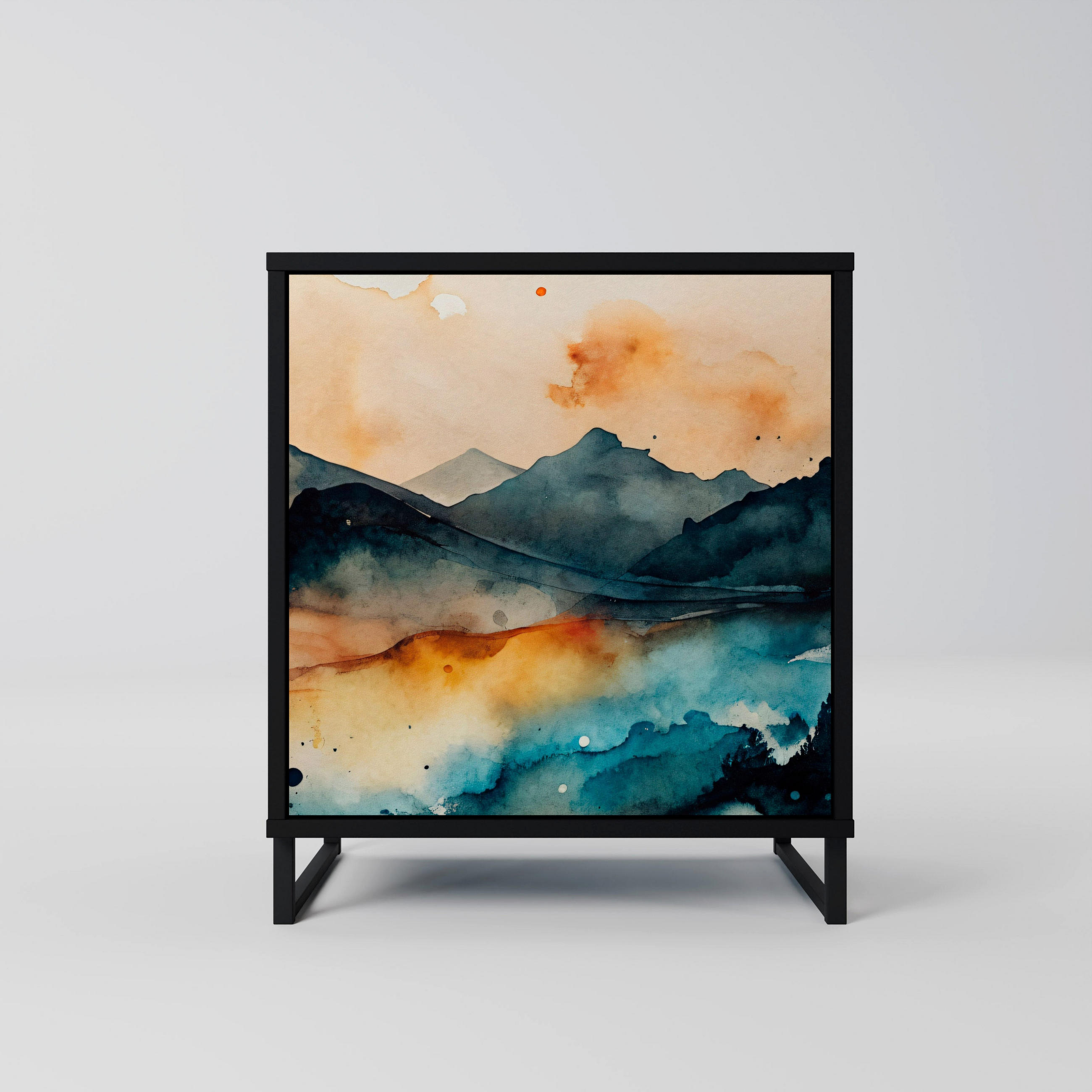 SIDEBOARD OMINOUS MOUNTAINS, Schwarz, 57,5x42x67,5 cm, Schwarze Metall-Rahmenfüße - Multicolor/Schwarz, Holzwerkstoff/Metall (57.5/67.5/42cm) - SpaceRebels
