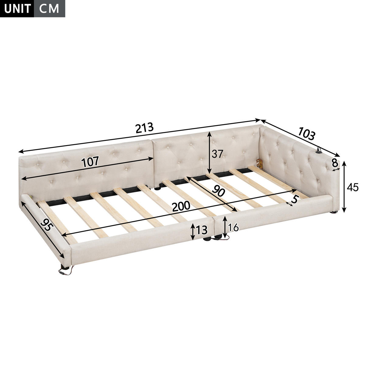 POLSTERBETT Schlafsofa 90x200 cm, mit Ambientebeleuchtung, gepolstertem Kopfteil, USB+Typ-C & Bettwäsche, ohne Matratze - Beige, Textil (90/200cm)