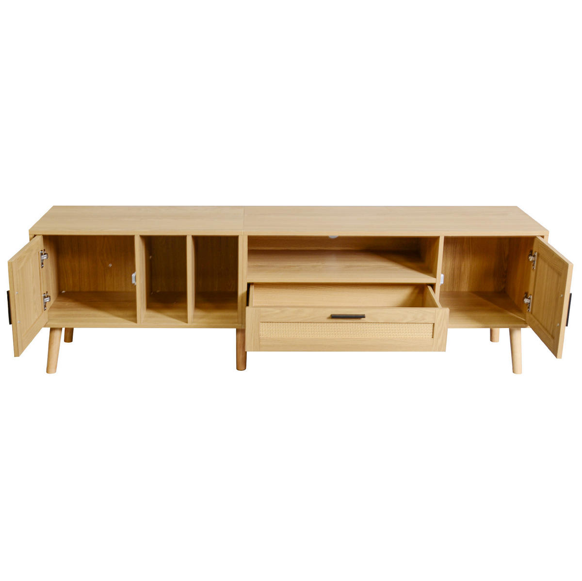 TV-LOWBOARD aus Spanplatte 180x40x54 cm Eichefarben mit 2 Türen, 1 Schublade, Kabelmanagement und Rattan-Dekor - Eichefarben, Holzwerkstoff (180/54/40cm) - Modfu