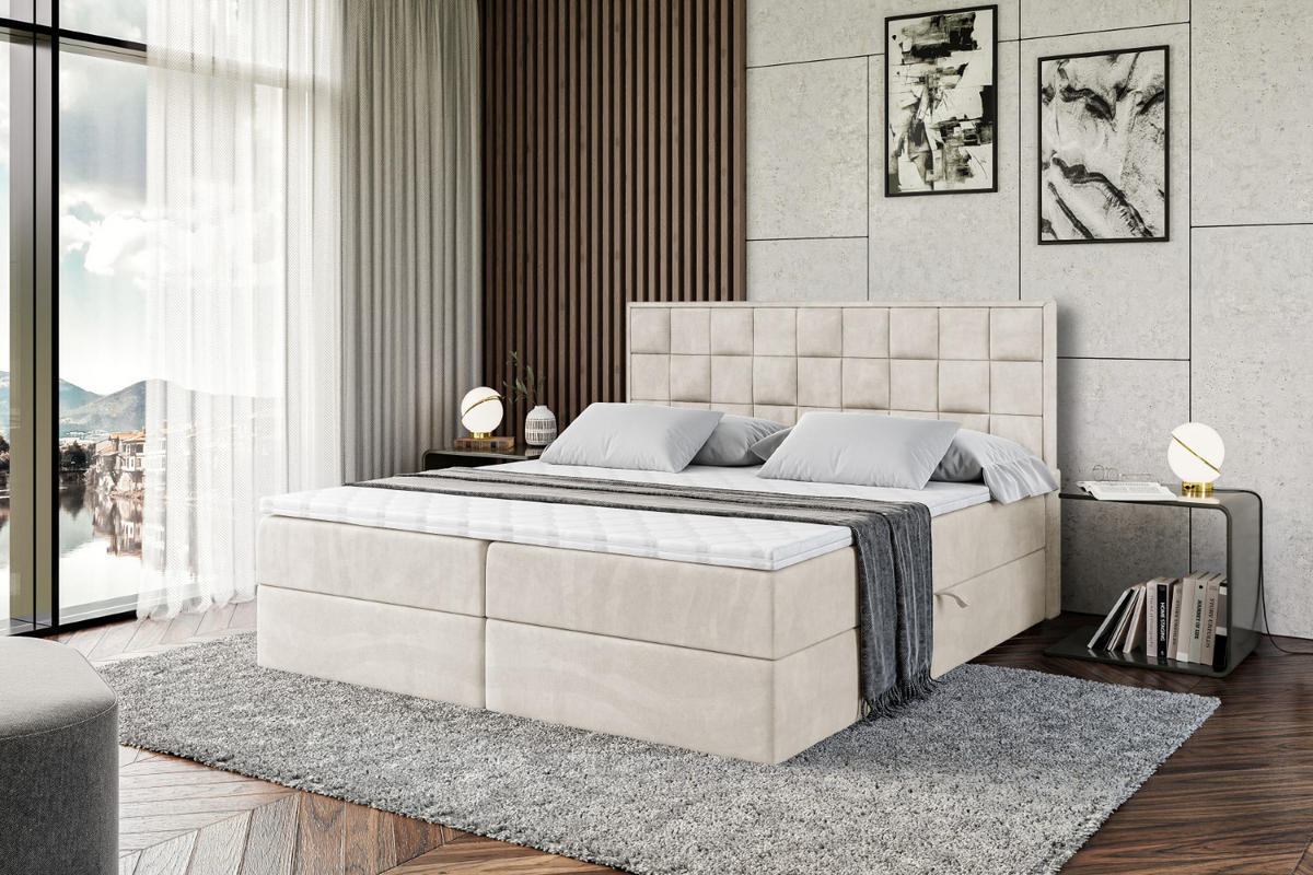 BOXBETT mit H4-Matratze und Lattenrost- ZAFIRA-BZ - 160x200 - Beige Samt - Beige, Holzwerkstoff (160/200cm) - ALTDECOR