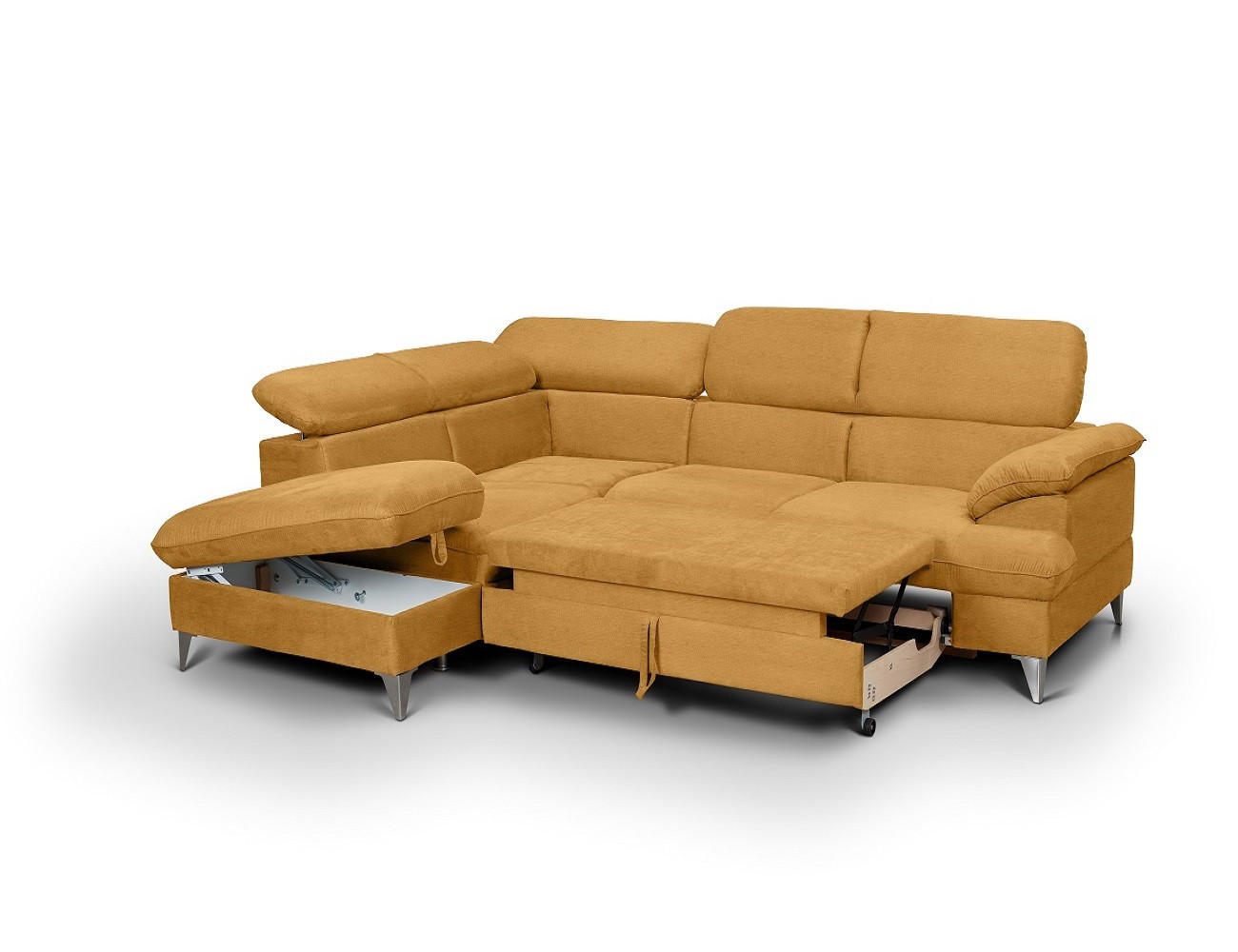 ECKSOFA mit Schlaffunktion und Bettkasten, verstellbare Kopfstützen - Chromfarben/Gelb, Textil/Metall (256/208cm) - Cotta