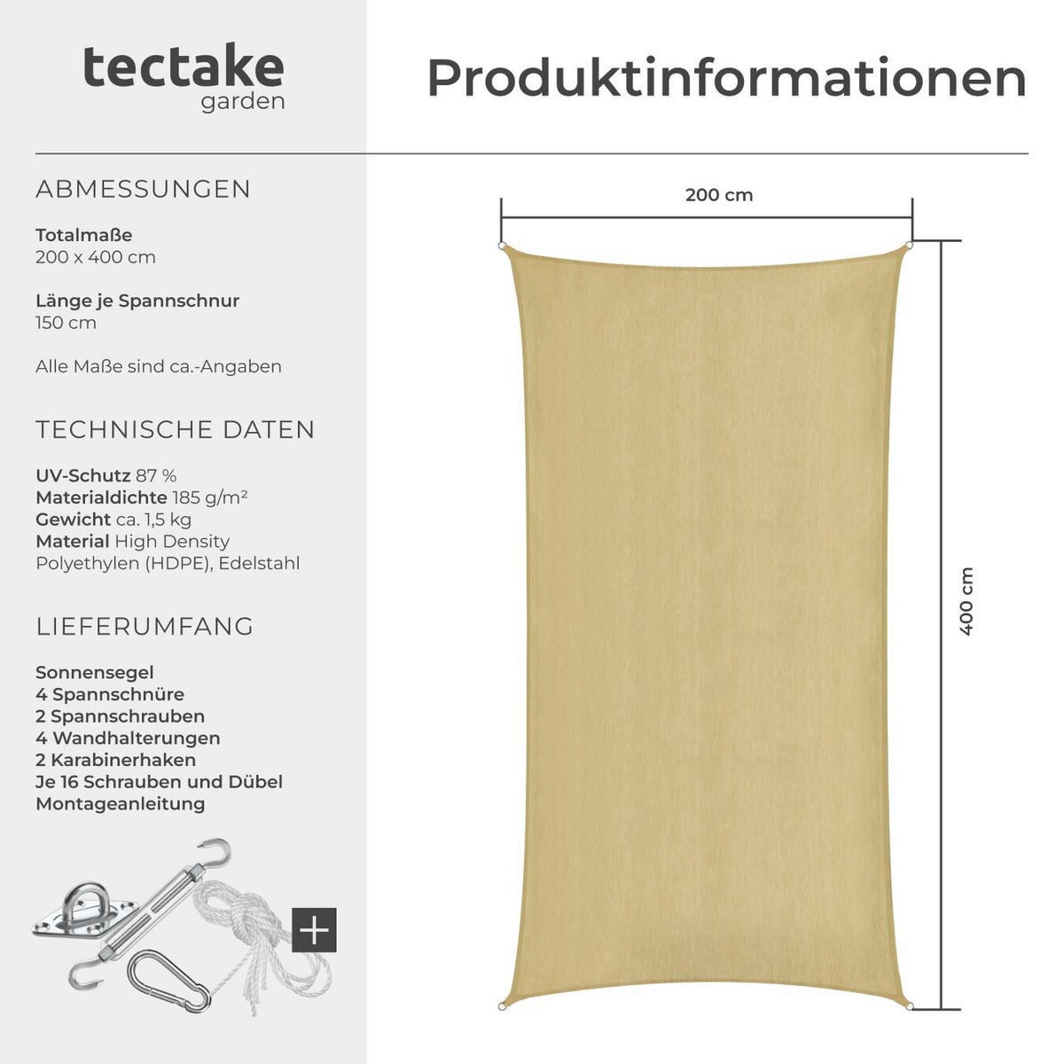 SONNENSEGEL Sunny,umfangreiches Montagematerial,Sand - Sandfarben, Kunststoff (400/200cm) - tectake