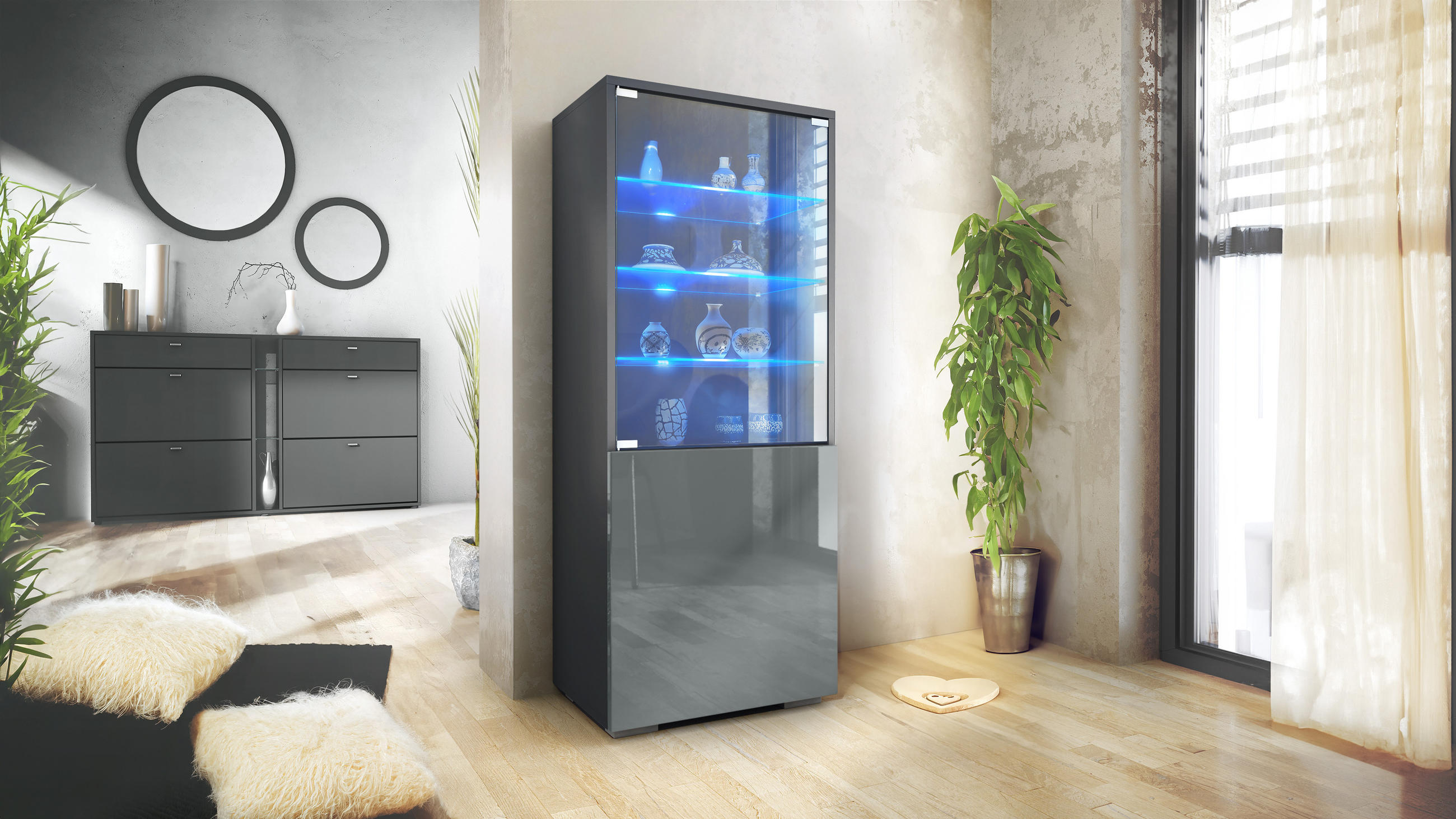 VITRINE Granada Grau Hochglanz - Grau, Holzwerkstoff (50/122.5/34.5cm) - Vladon