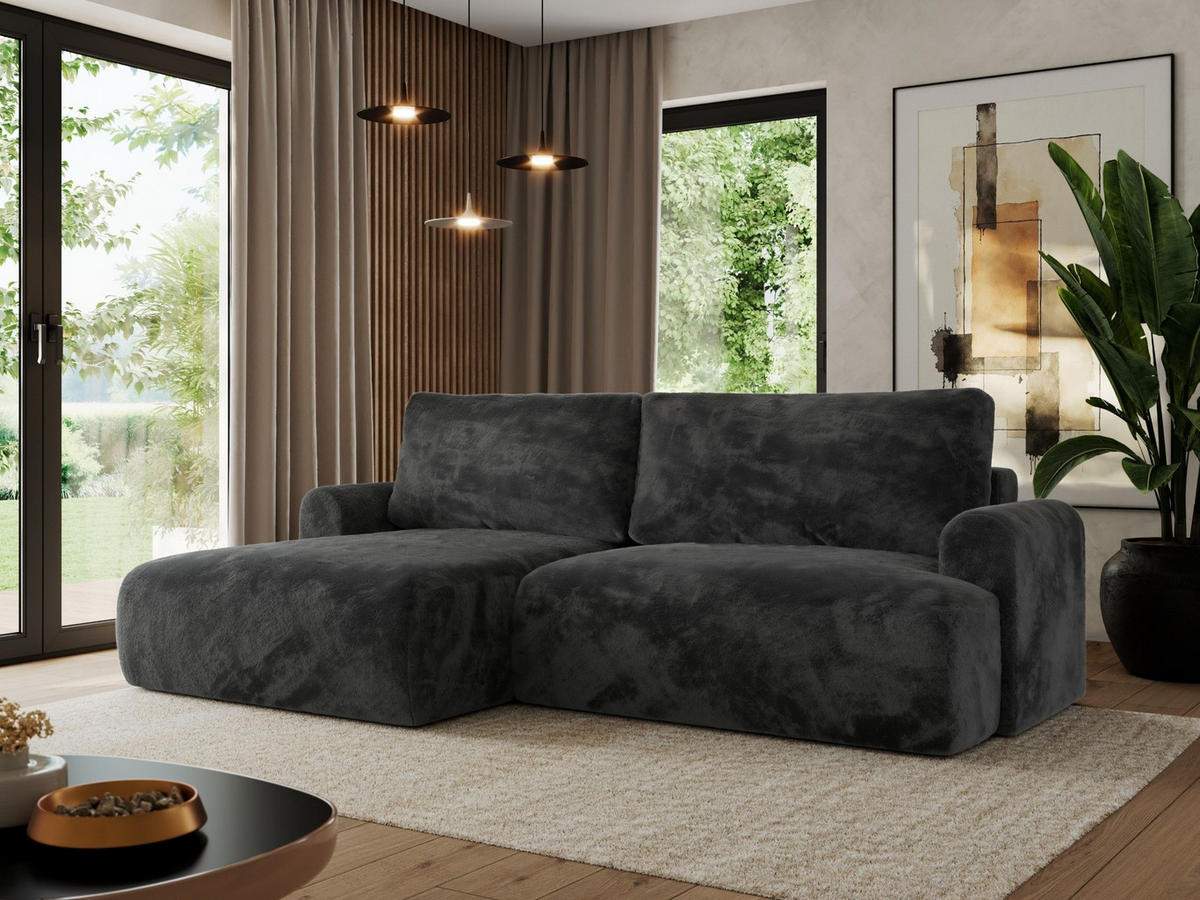 ECKSCHLAFSOFA TONO L Dunkelgrau Plüsch - links - Dunkelgrau/Schwarz, Kunststoff/Textil (260/150cm) - MKS