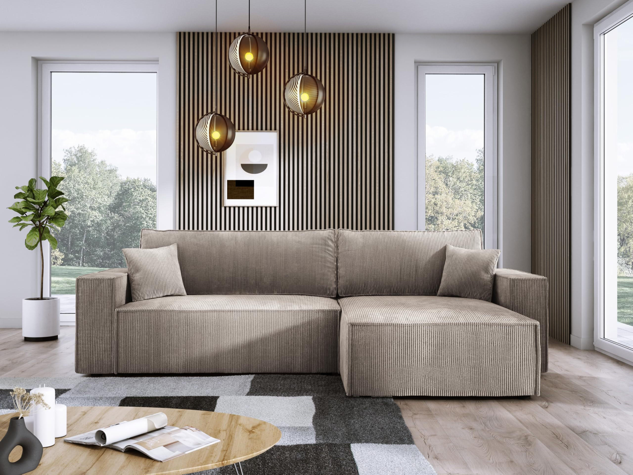 ECKSOFA POSO XL UNIVERSAL, Schlaffunktion und Lattenrost - L-Form, Cord, Federung auf Wellfedern, 274x143x83 cm, Rechts Beige - Beige, Holz/Textil (277/143cm) - DomoHome