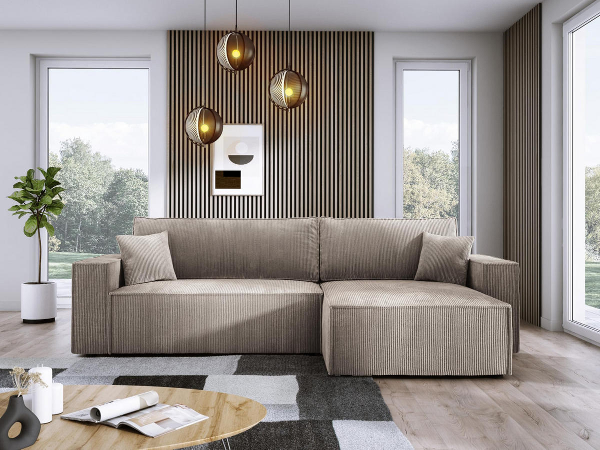 ECKSOFA POSO XL UNIVERSAL, Schlaffunktion und Lattenrost - L-Form, Cord, Federung auf Wellfedern, 274x143x83 cm, Rechts Beige - Beige, Holz/Textil (277/143cm) - DomoHome