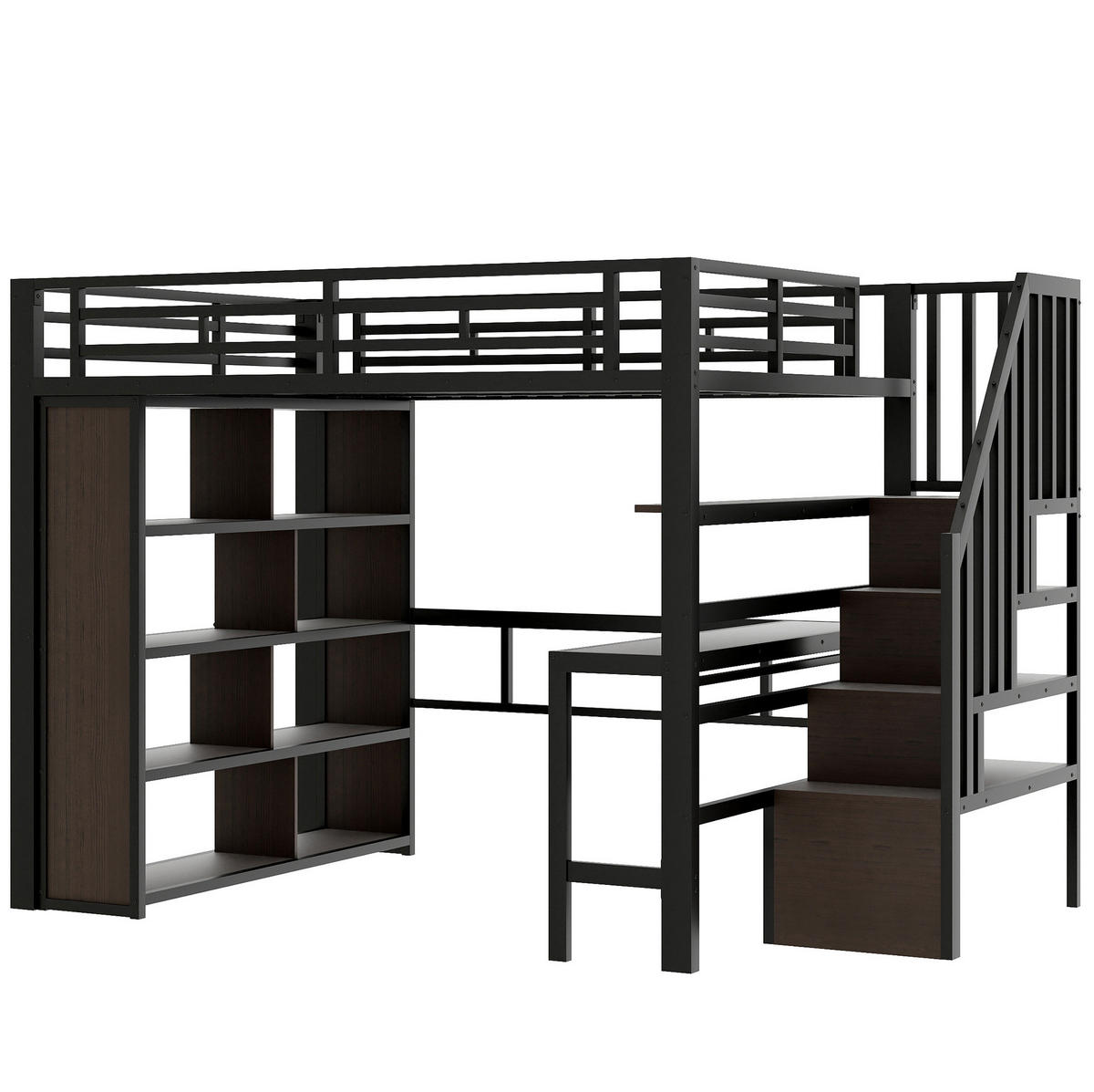 HOCHBETT 140/200 cm in Schwarz – mit Schreibtisch, Stauraumtreppe und LED - Schwarz, Metall (140/200cm) - BEAOK