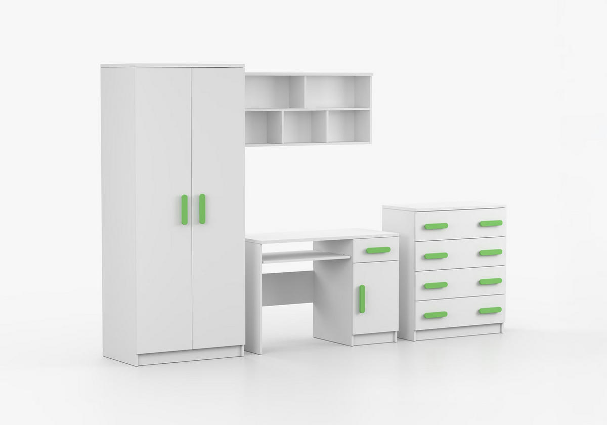 JUGENDZIMMER Elora in Weiß – 4-teiliges Set mit Schreibtisch, Kommode, Wandregal und Schrank – Grifffarbe Limette - Weiß, Holzwerkstoff (80/200/120cm)