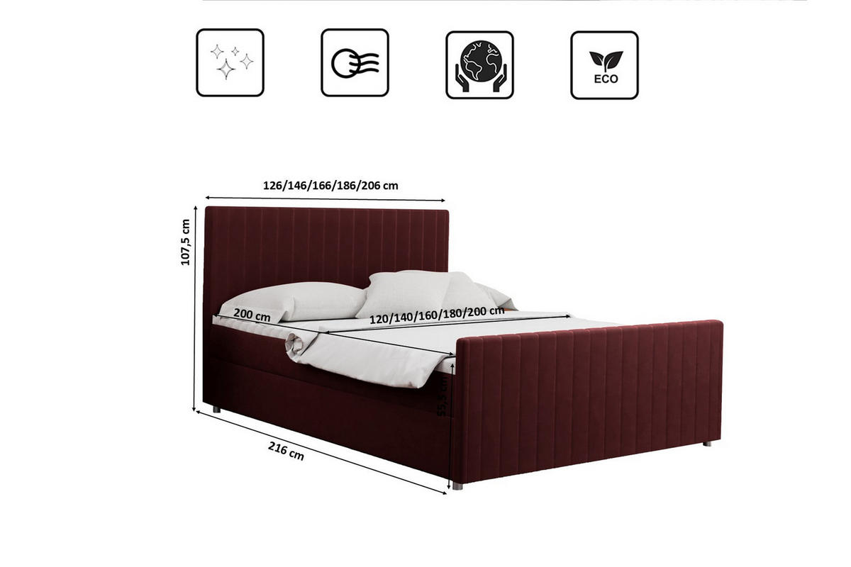 BOXBETT mit Bettkasten Matratze Topper LATINO stoff Velvet 200x200 cm Rotwein H2-Pocket - Rot, Holz/Holzwerkstoff (200/200cm) - Kaiser Möbel