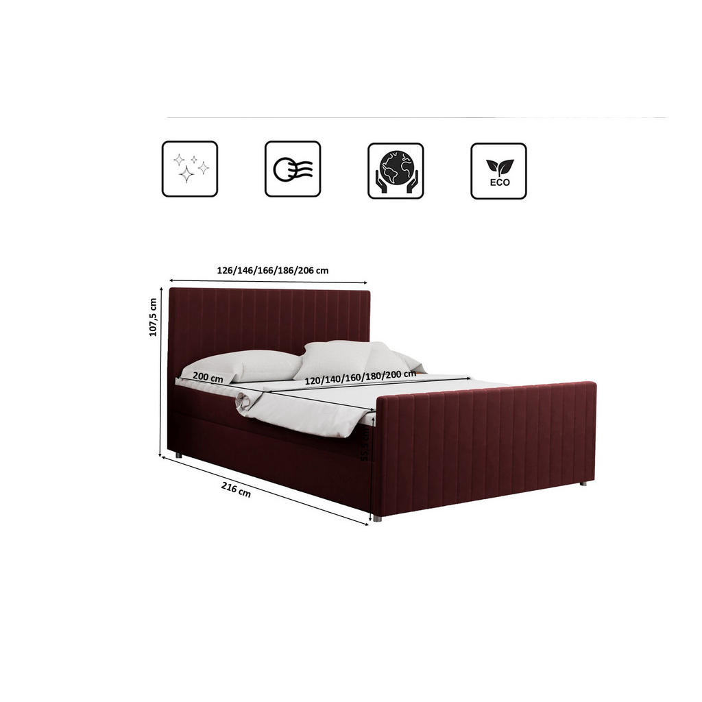 Thumbnail - Kaiser Möbel Boxbett, Rot, Textil, 2 Schubladen, H3, Höhe ca. 20 cm, einzeln stellbar,Rechteckig, 160x200 cm, Schlafzimm...