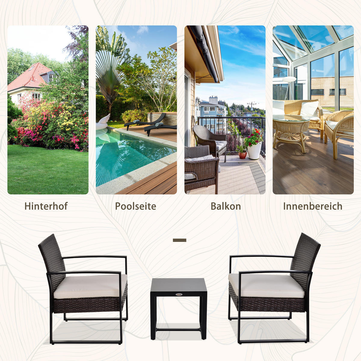 RATTAN Gartenmöbel Set mit Kissen Garten Braun+Creme - Braun, Kunststoff - Outsunny