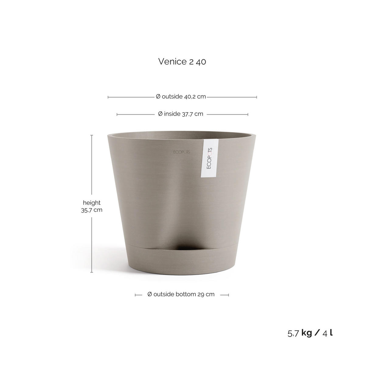 BLUMENTOPF Venice 40,2/35,7 cm Taupe - Taupe, Kunststoff (40.2/35.7cm) - Ecopots