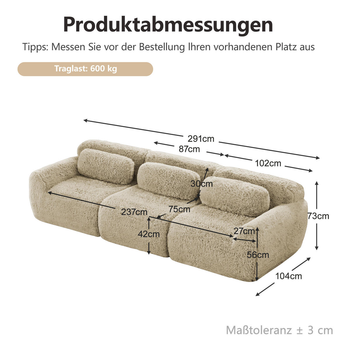 3-SITZER-SOFA DE-34149 mit Tiefsitz Hellkhaki - Sandfarben, Textil (104/291cm) - ComfortXL