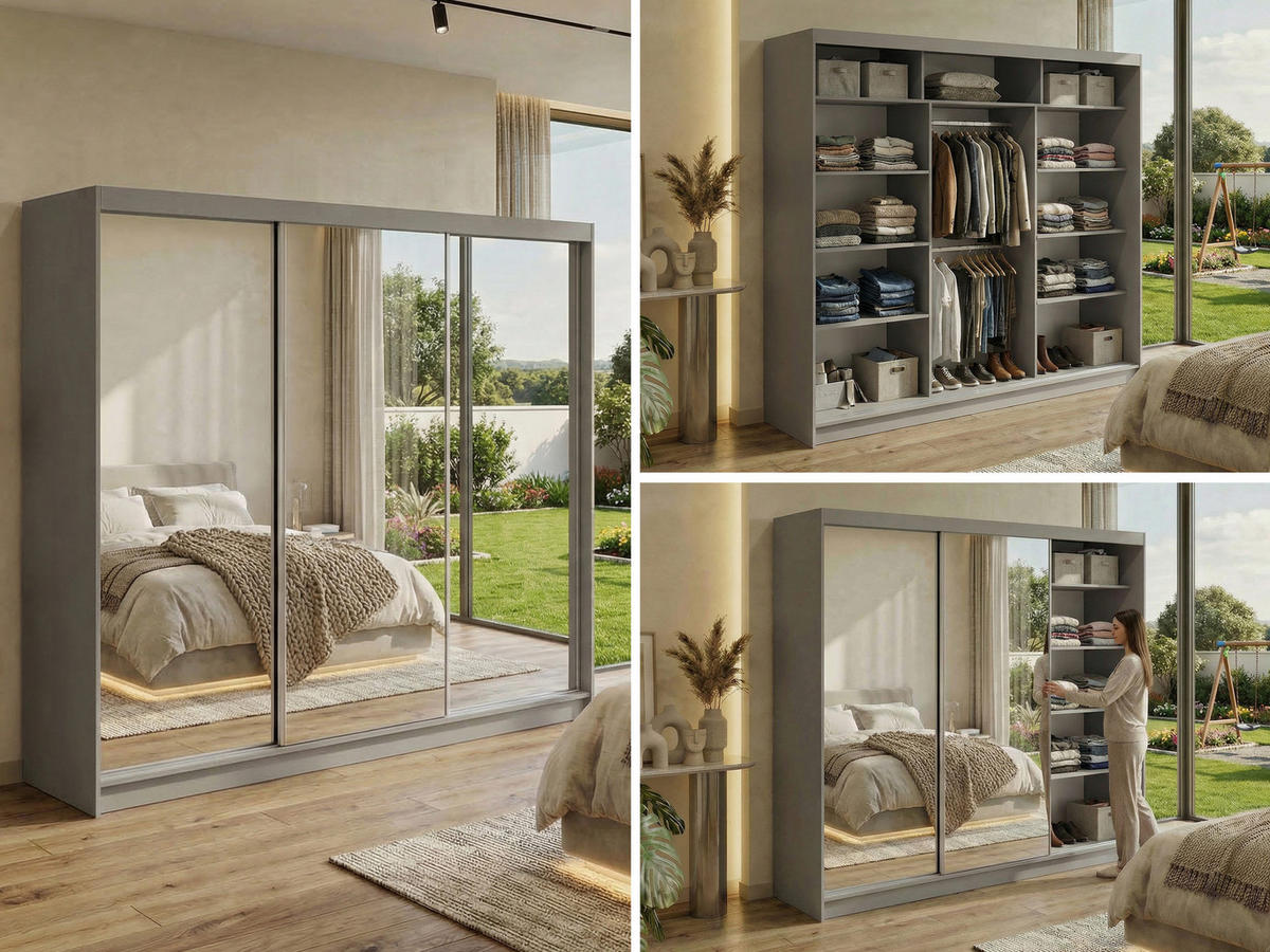 SCHWEBETÜRENSCHRANK 240 - DUBROWNIK - Grau mit Spiegel - Alufarben/Grau, Holzwerkstoff/Metall (240/216/61cm) - MKS
