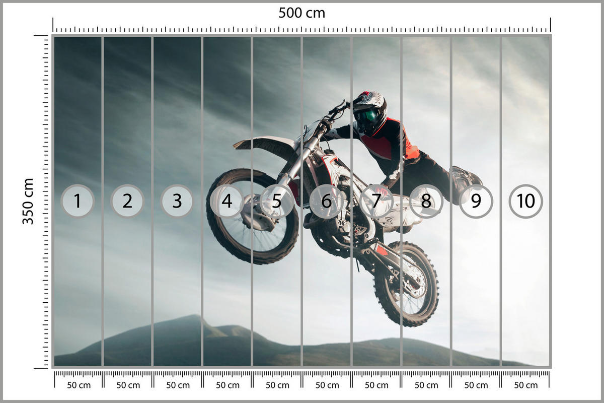 FOTOTAPETE für Jugendzimmer Motocross Sprung Mann Sport Berge Action 500x350 - Grau, Papier (500/350cm) - Muralo