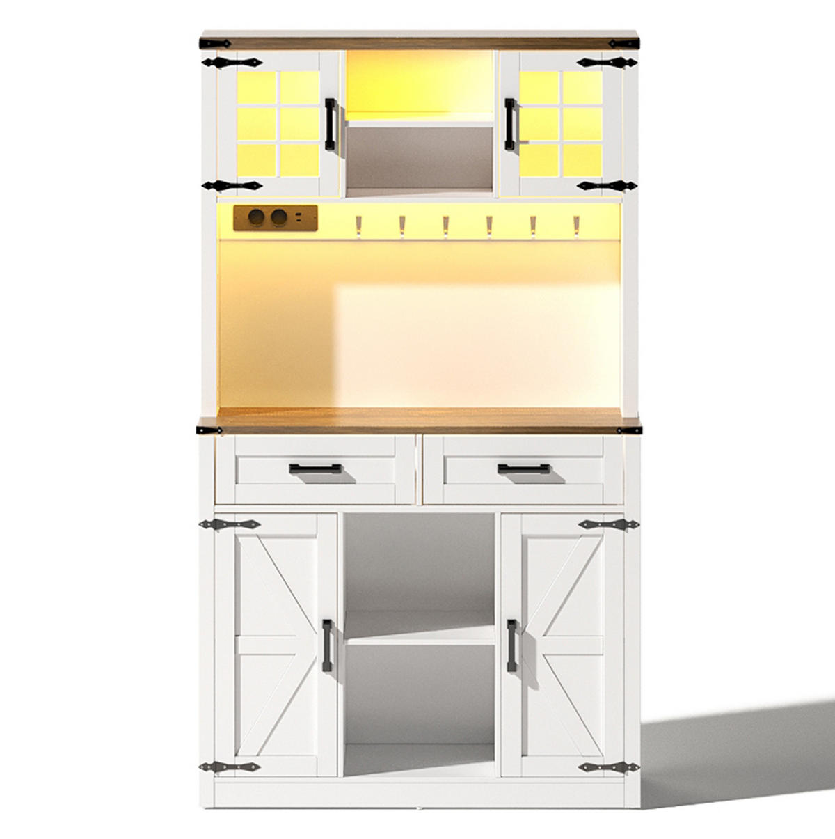 BUFFET aus MDF 100x40x172 cm Braun-Weiß mit LED-Beleuchtung, Steckdosen, USB-C und verstellbaren Einlegeböden im Scheunentor-Design - Braun, Holzwerkstoff (100/172/40cm) - Modfu