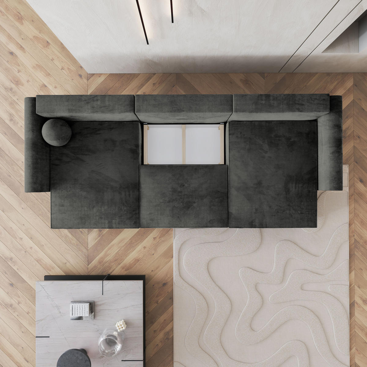 WOHNLANDSCHAFT FENTO M Schwarz Velours-Stoff mit Schlaffunktion - Schwarz, Holz (347/90/148cm) - MASSENO