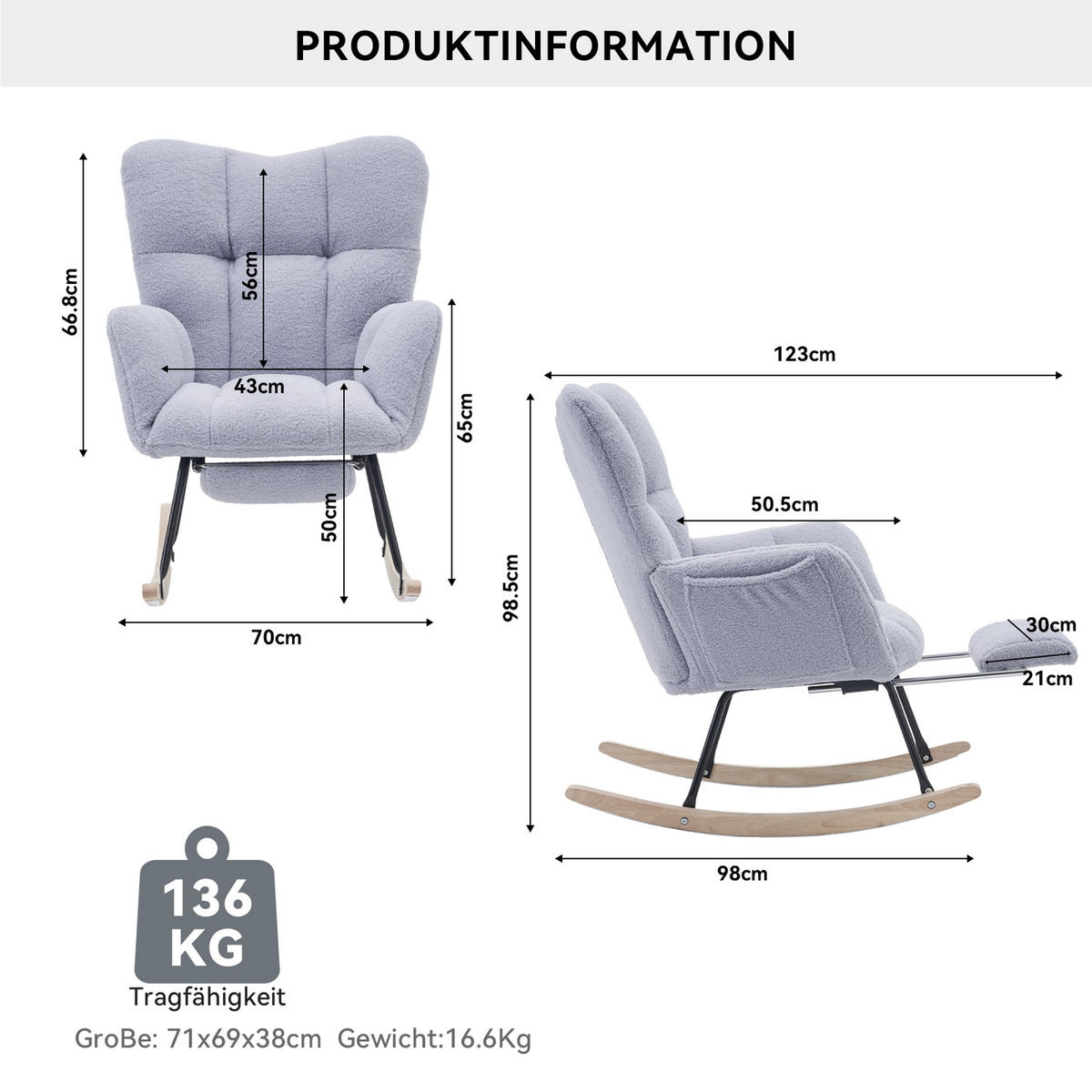 SCHAUKELSTUHL 98/70/98.5 cm Grau mit Einziehbare Fußstütze - Grau, Textil (98/98.5/80cm) - Oxeza
