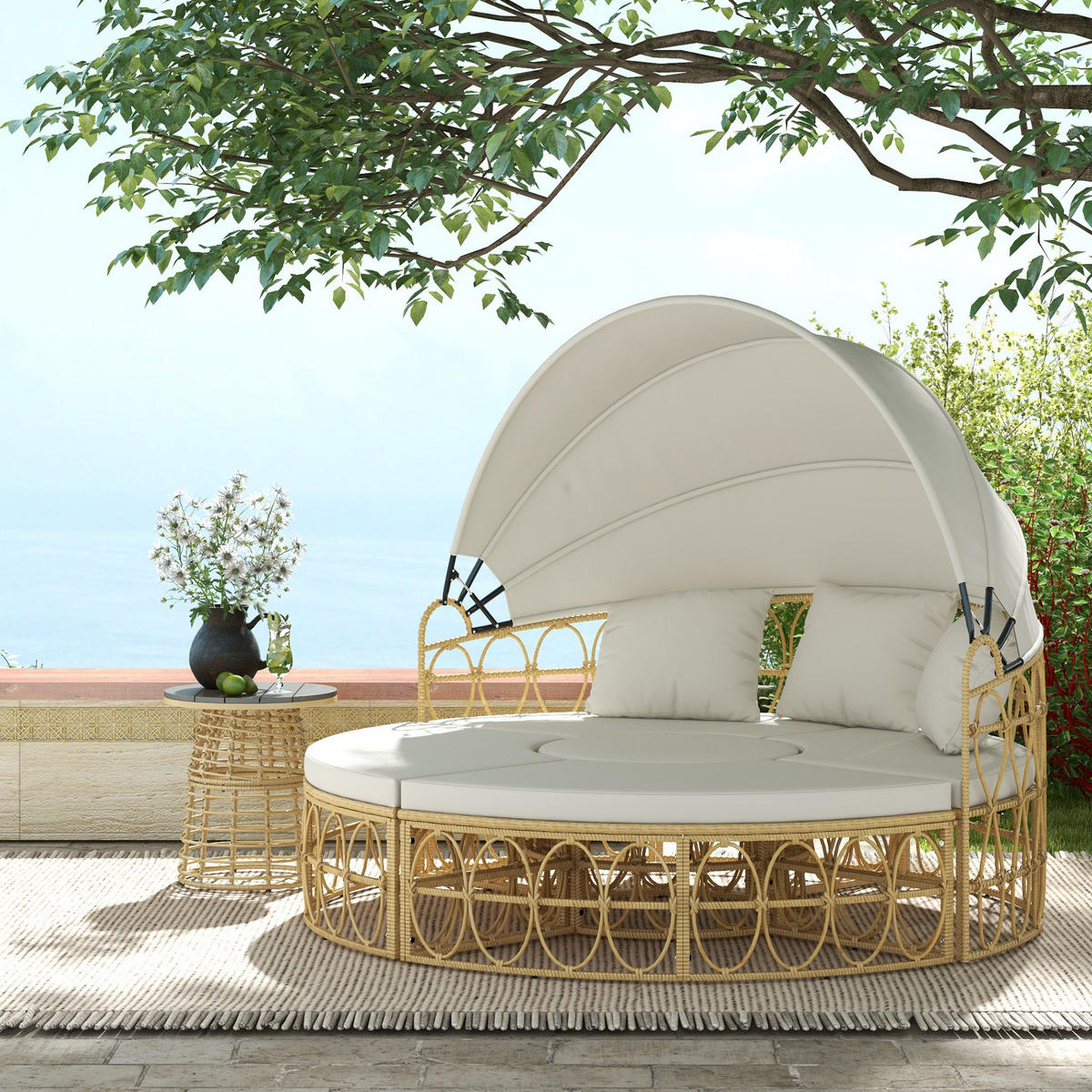 GARTENLOUNGE 178/85/66,5 cm cremeweiß aus Rattan mit Sonnendach - Weiß, Naturmaterialien - OKWISH