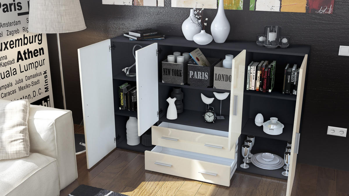 HIGHBOARD Nora Türen in Creme Hochglanz - Creme, Holzwerkstoff (166/106/35cm) - Vladon