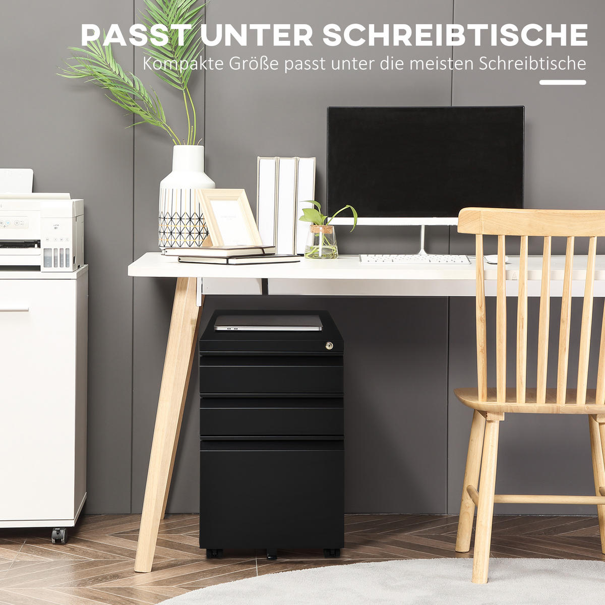 AKTENSCHRANK mit Rädern, konkavem Griff, für Home-Office, Stahl, Schwarz - Schwarz, Metall (48/60/39cm) - Vinsetto