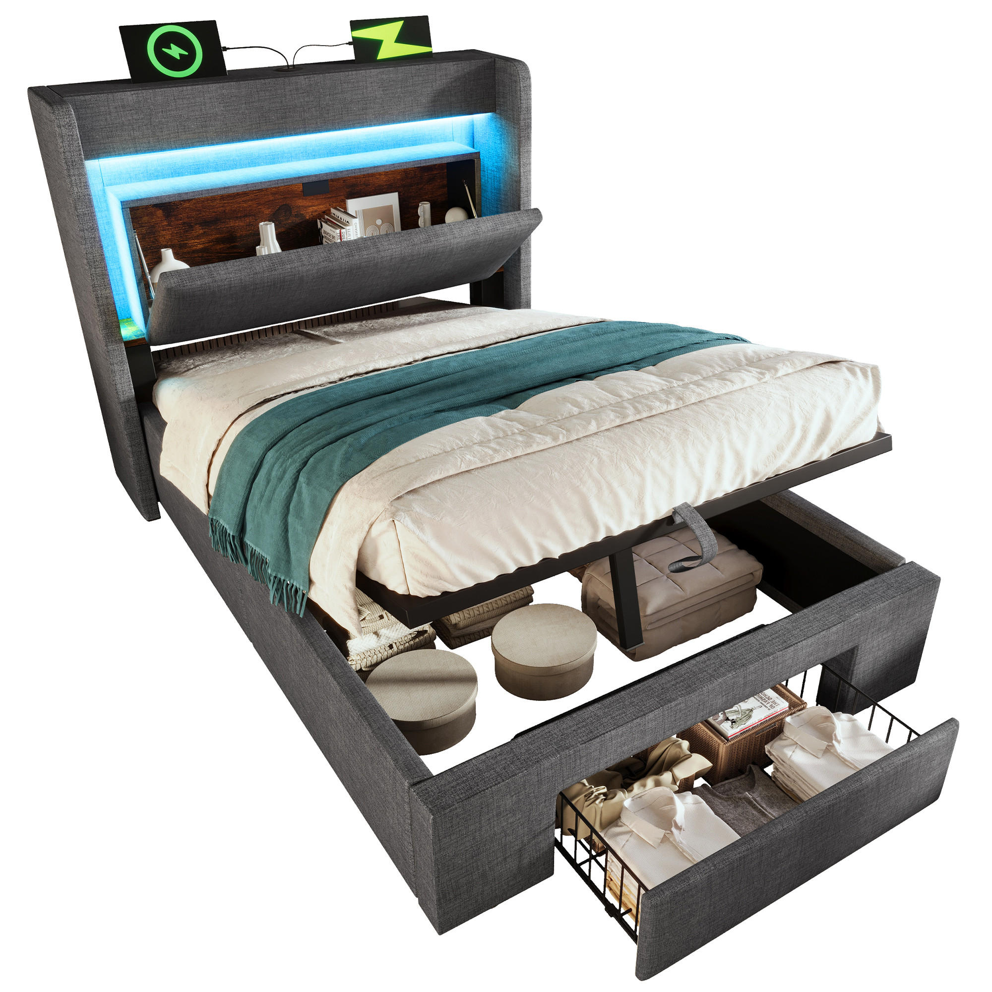 POLSTERBETT 90/200 cm mit LED-Beleuchtung, USB- und USB-C-Anschluss, Stauraum und Schublade und Matratze, Leinen, Grau - Grau, Textil (90/200cm) - Redom