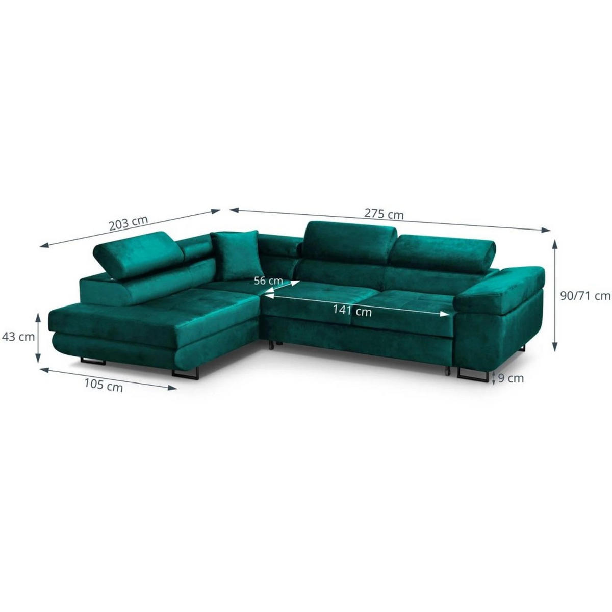 ECKSCHLAFSOFA Waldo verstellbaren Kopfstützen, Dunkelgrün, links - Dunkelgrün/Schwarz, Textil (275/203cm) - Beautysofa
