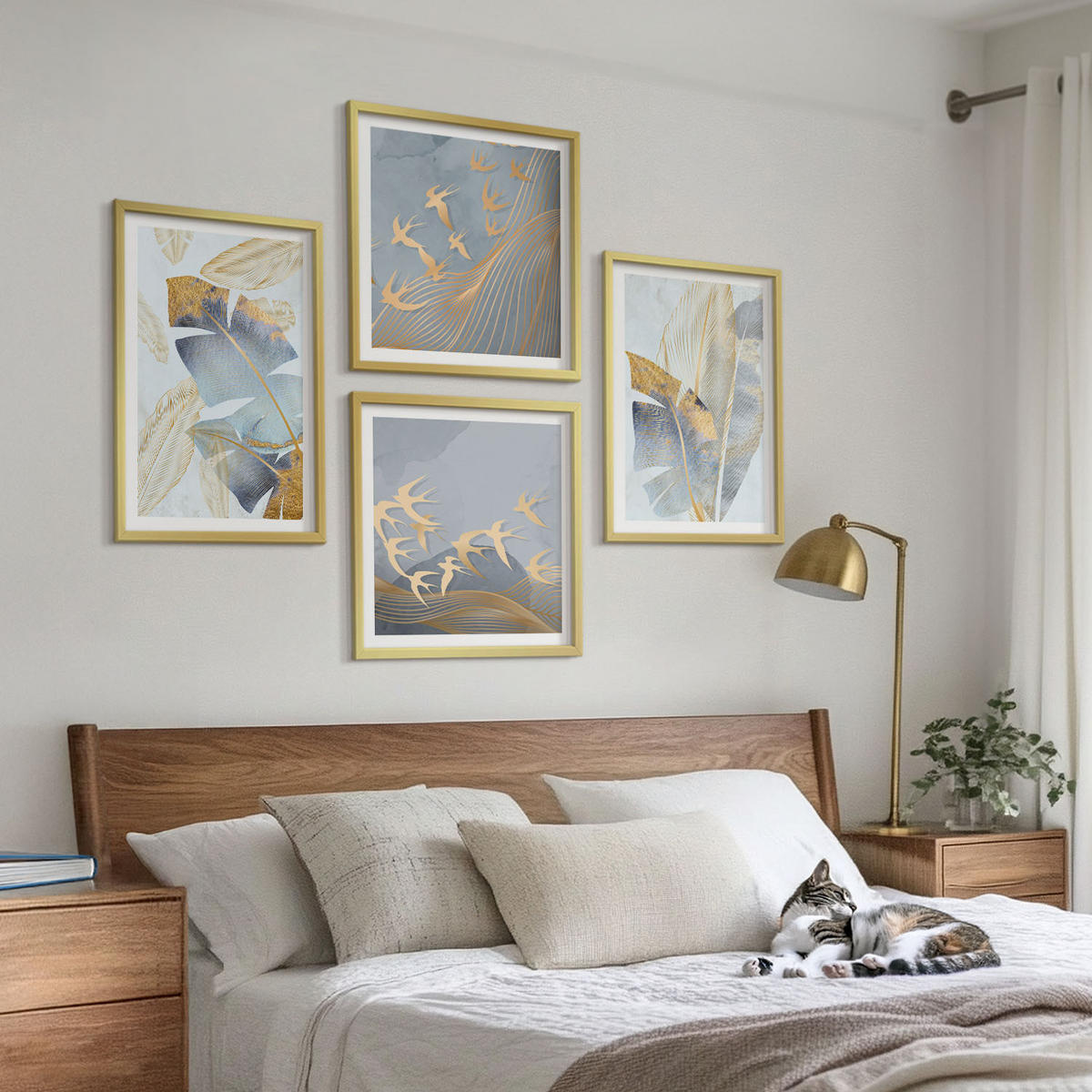 BILDER SET 4er Set - 50x50 cm & 40x60 cm Goldrahmen - Blaubeige Blätter im Hintergrund - Goldfarben, Kunststoff (50/50cm) - TULUP