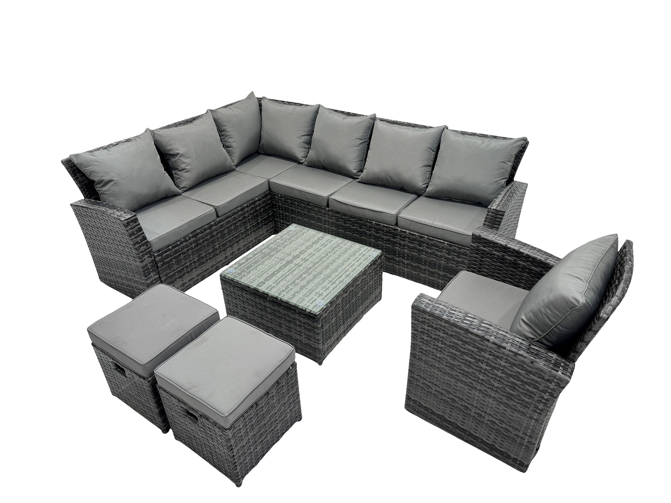 GARTENLOUNGE mit Ecksofa Polyrattan Dunkelgrau 9-Sitzer - Dunkelgrau/Grau, Glas/Kunststoff - Fimous