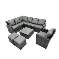 GARTENLOUNGE mit Ecksofa Polyrattan Dunkelgrau 9-Sitzer - Dunkelgrau/Grau, Glas/Kunststoff - Fimous