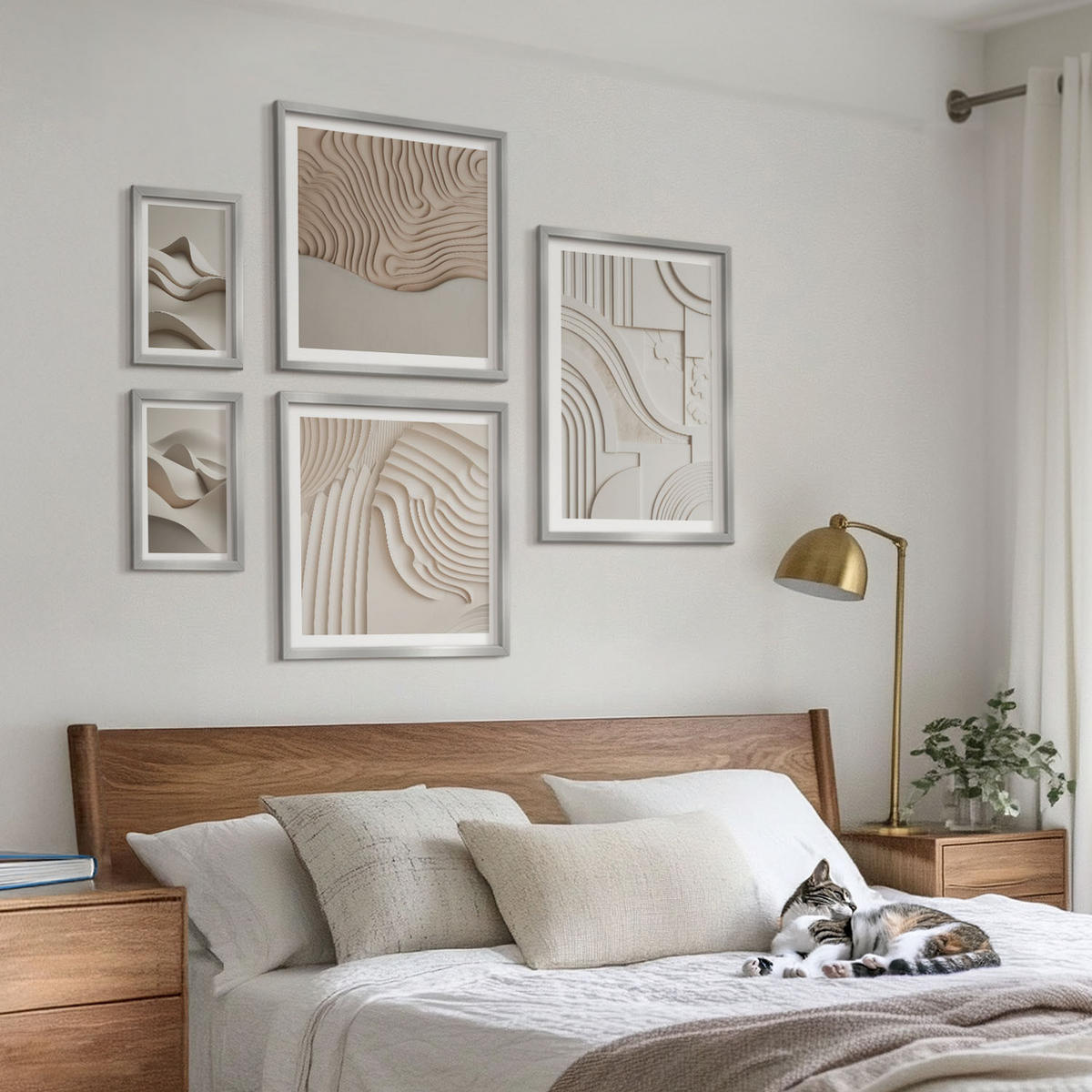 BILDER SET 5er Set - 50x50 cm & 20x30 cm & 40x60 cm Silberner Rahmen - Abstrakte beige Wellen - Silberfarben, Kunststoff (40/60cm) - TULUP
