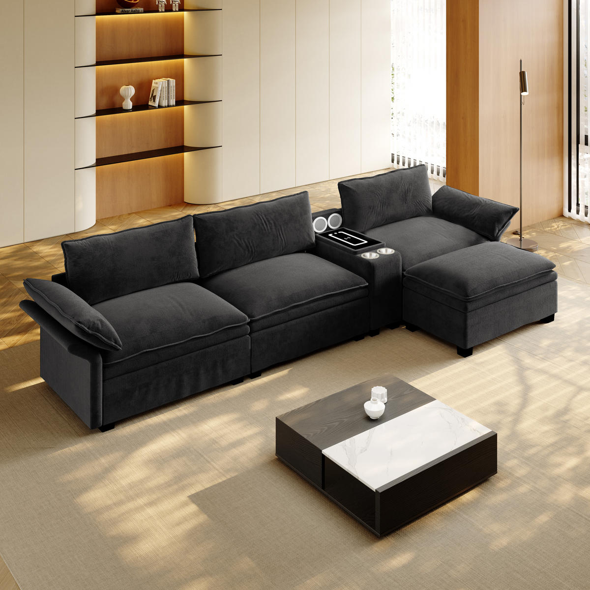 ECKSOFA mit Bluetooth & Laden schwarz aus Chenille 315x70x85 cm - Schwarz, Textil (70/315cm) - Luhomfu