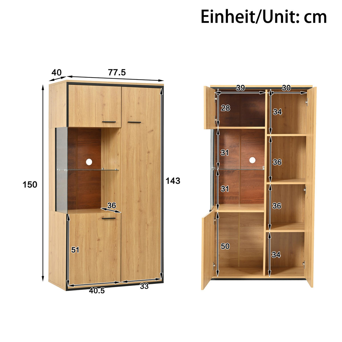 VITRINE 40/77,5/150 cm naturfarben aus MDF mit Glastür und LED - Naturfarben, Holzwerkstoff (77.5/150/40cm) - OKWISH