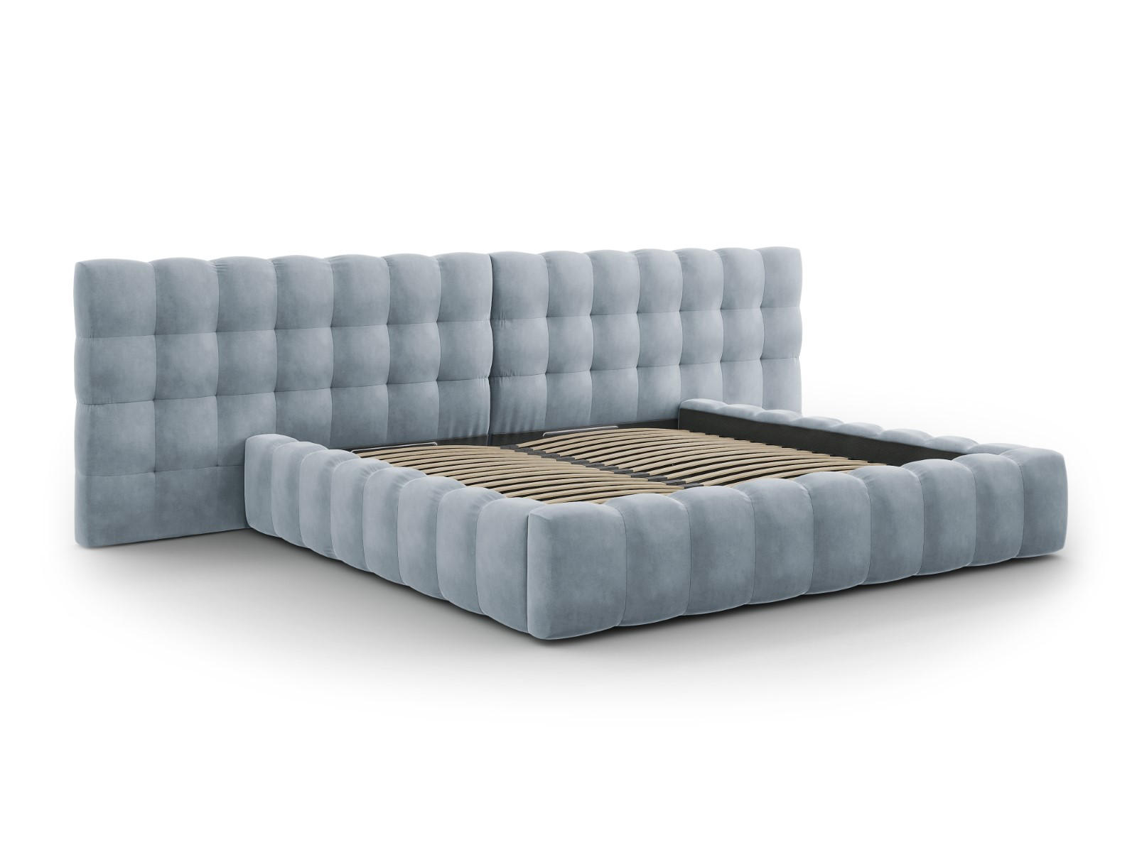 BETT mit Bettkasten und Doppelkopfteil Mamaia aus Samt hellblau 200x200cm - Hellblau, Textil (200/200cm) - Micadoni