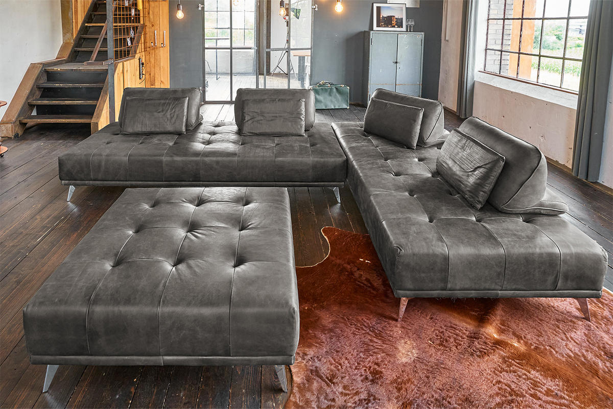 MODULSOFA MIT HOCKER WIOLO Grau Leder - Silberfarben/Grau, Leder (350/83/240cm) - KAWOLA