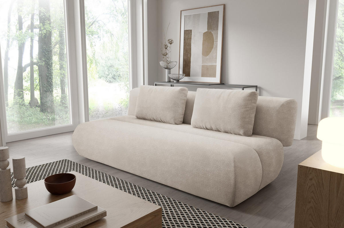 BETTSOFA ATOMO Beige Velours-Stoff mit Schlaffunktion - Beige, Holz (217/82/134cm) - MASSENO