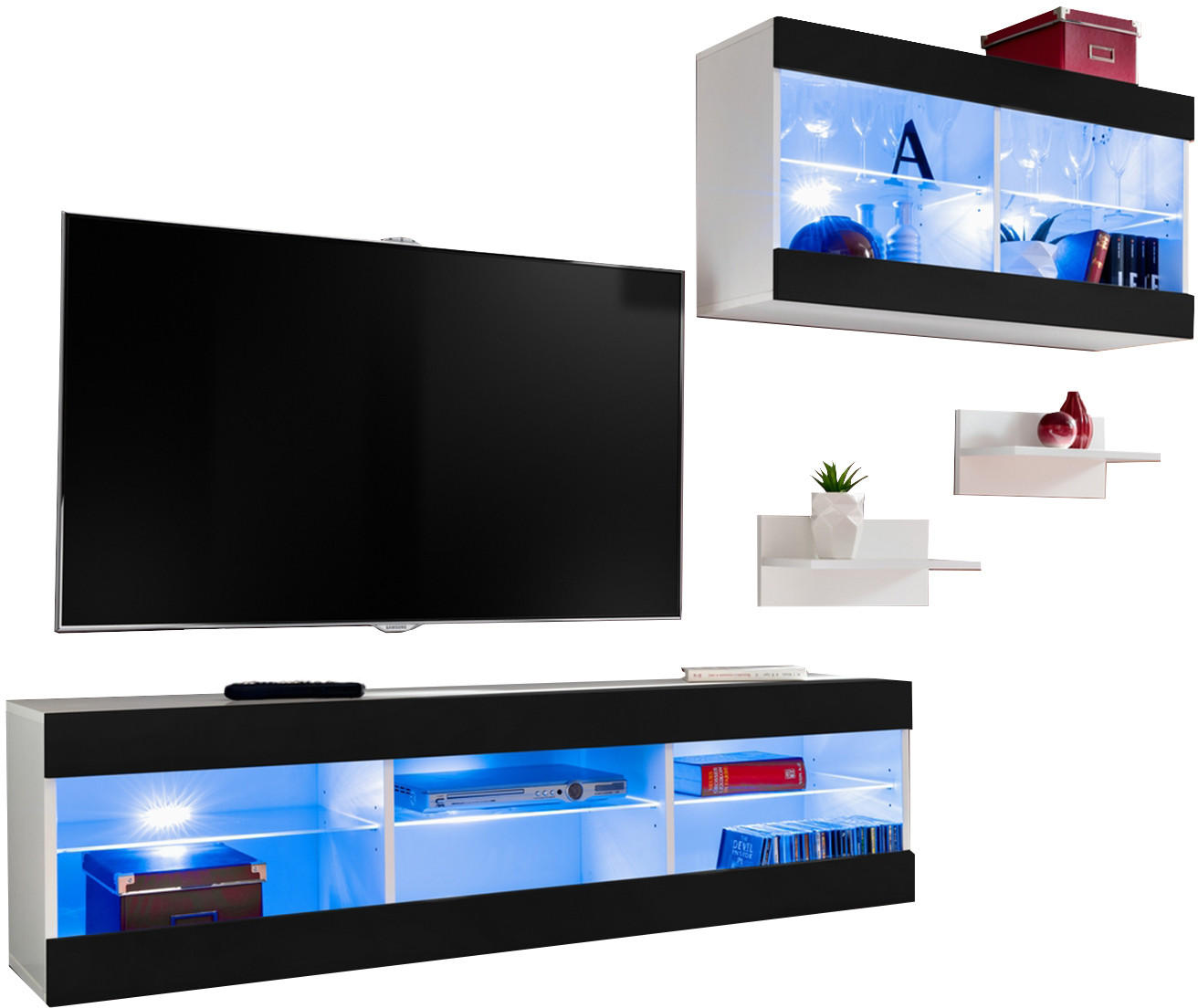 WOHNWAND TIVOLI SET3-WHITE/BLACK+BLU Offener Raum Weiß Schwarz - Schwarz/Weiß, Glas/Holzwerkstoff (240/195/35cm) - Komodee