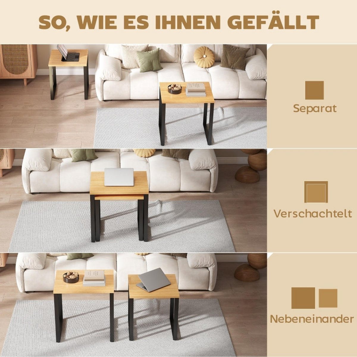 COUCHTISCH-SET 60/50/60 cm natur aus Holz und Metall platzsparend stapelbar - Naturfarben, Holz (60/50/60cm) - OKWISH