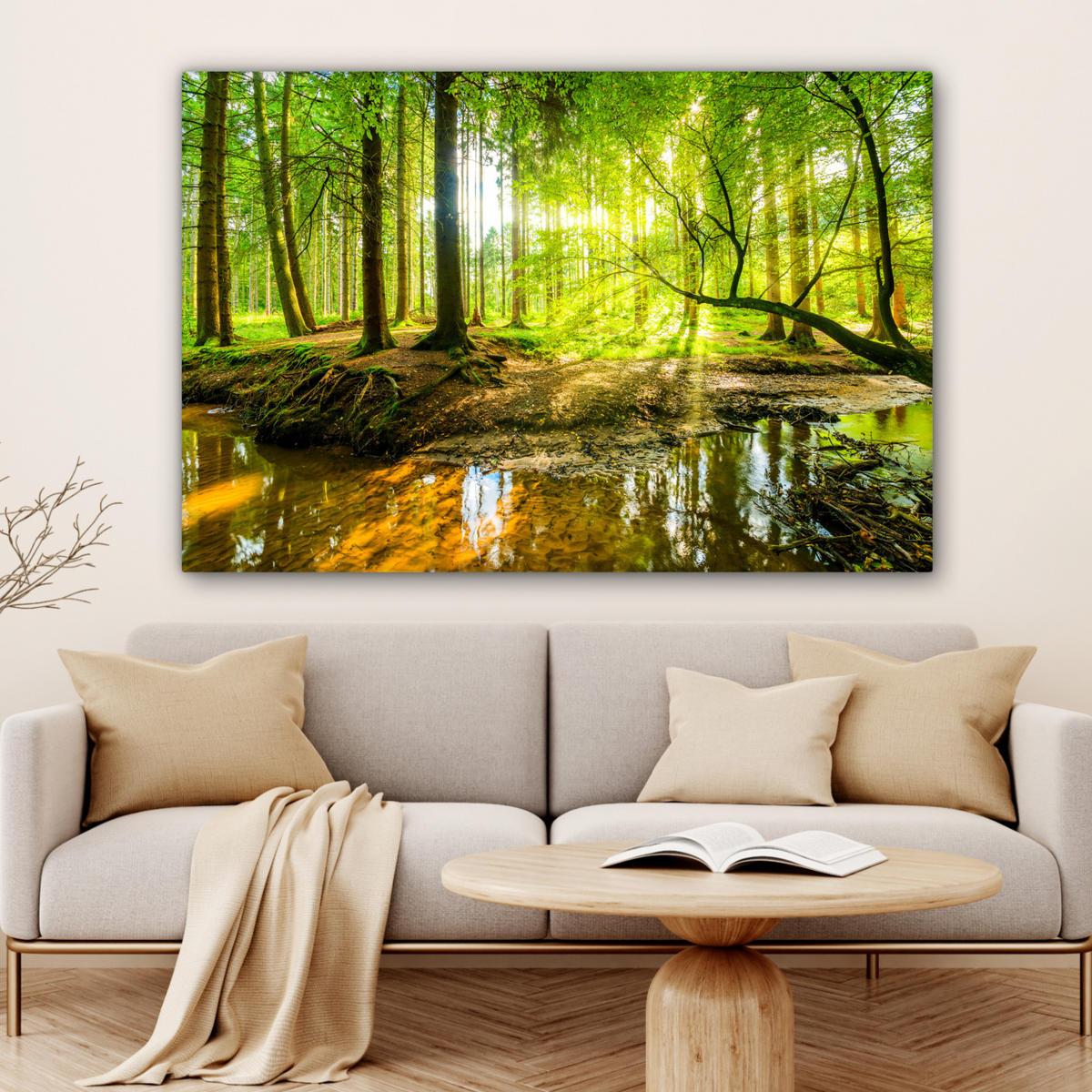 LEINWANDBILD Wald - Landschaft - Wasser - Bäume - Sonne - Grün - Natur Wohnzimmer 120x80 cm - Grün, Textil (120/80cm) - MuchoWow