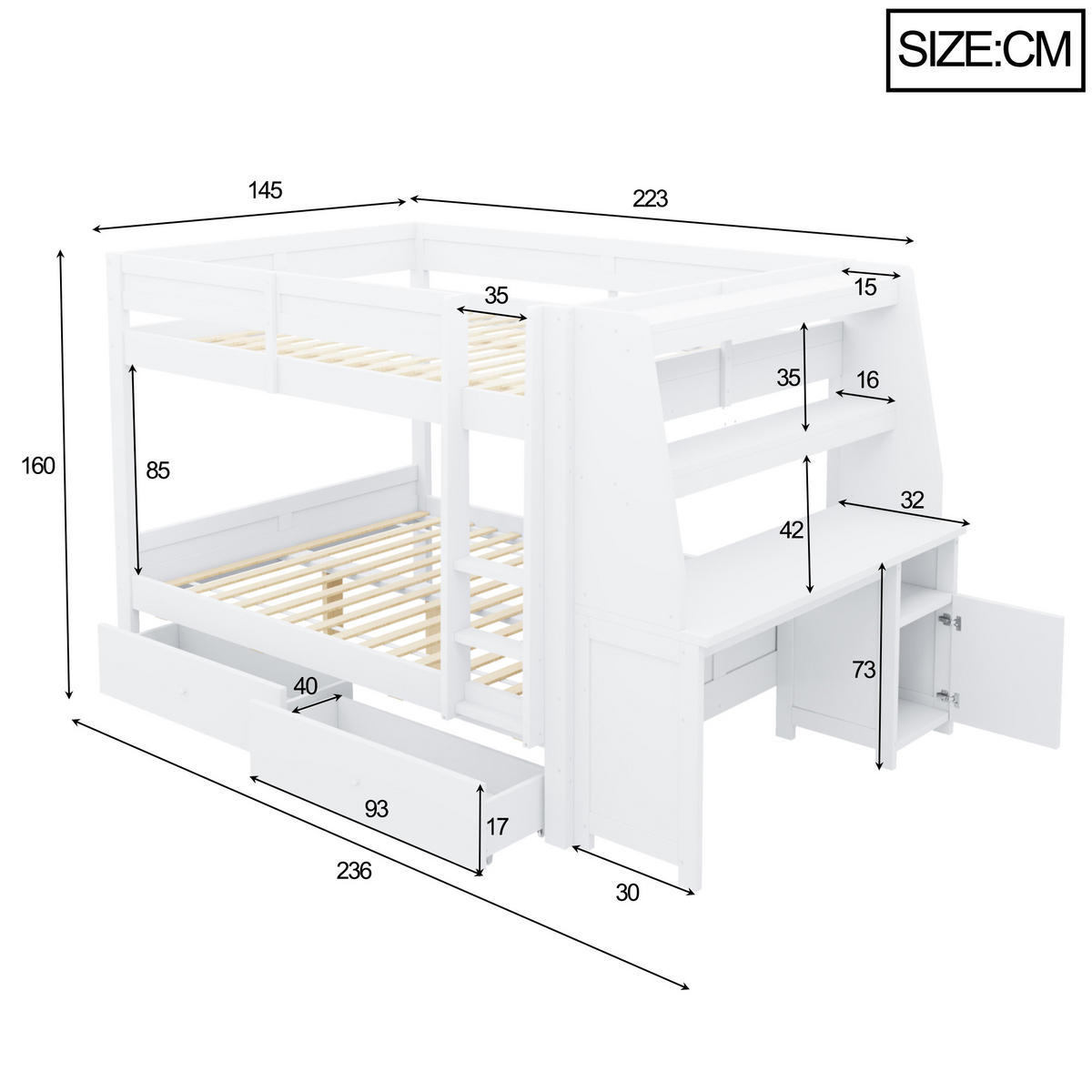 ETAGENBETT 140/200 cm mit Schrank und Schreibtisch, DE-41578, in Weiß - Weiß, Holzwerkstoff (140/200cm) - ComfortXL