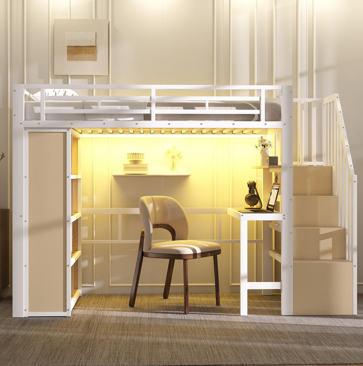 HOCHBETT 90/200 cm Weiß mit LED, Schreibtisch und Stauraum - Weiß, Metall (90/200cm) - MIVRAY