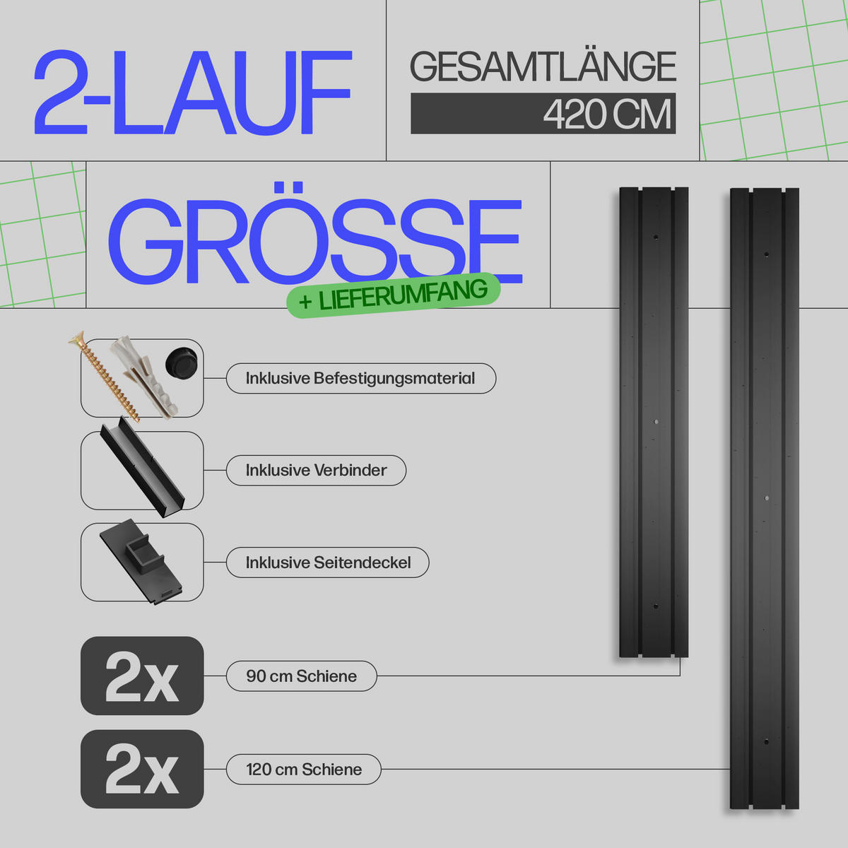 GARDINENSCHIENE 420cm (2x90/2x120cm) 2-läufig - Schwarz, Kunststoff (10/1.8/420cm)