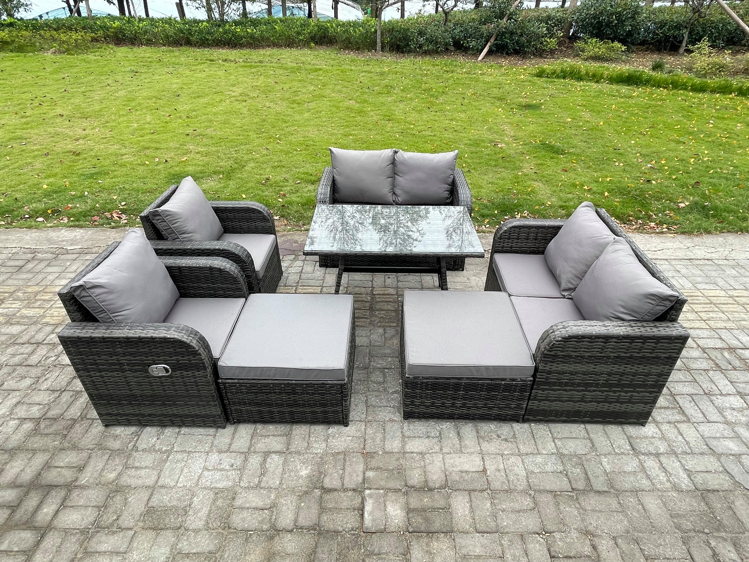 GARTENMÖBELSET mit ESSTISCH,SOFA Polyrattan 8-Sitzer - Dunkelgrau/Grau, Glas/Kunststoff - Fimous