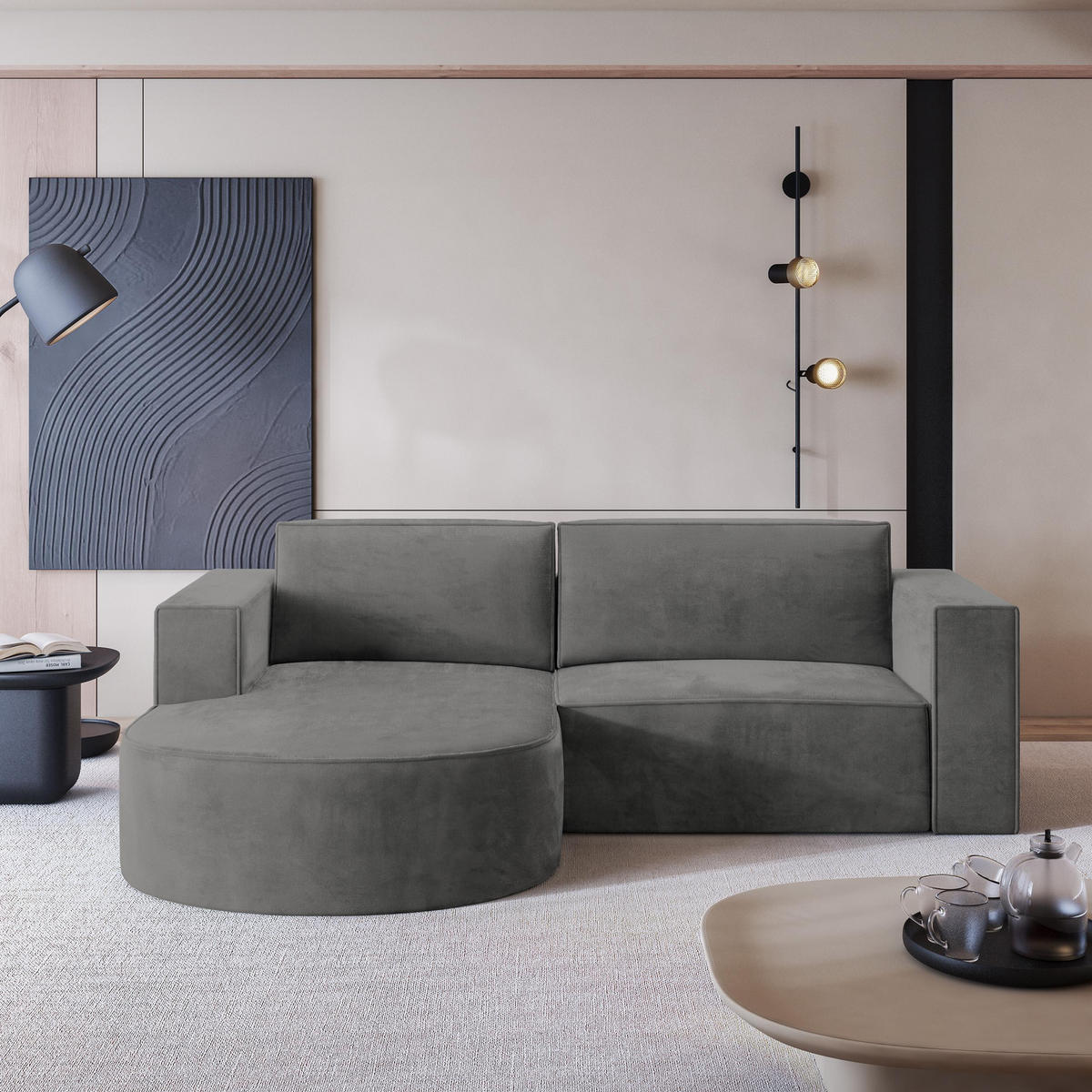 ECKSOFA SORELA M L-S Grau Velours-Stoff mit Schlaffunktion - Grau, Holz (263/174cm) - MASSENO